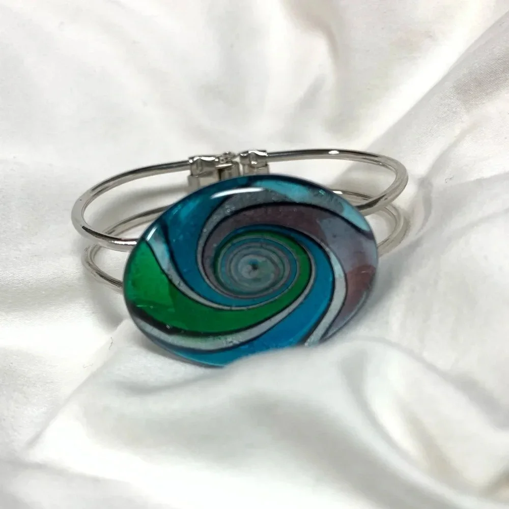 Green, Pink, Blue, Silver and Black Swirl Silver Bracelet